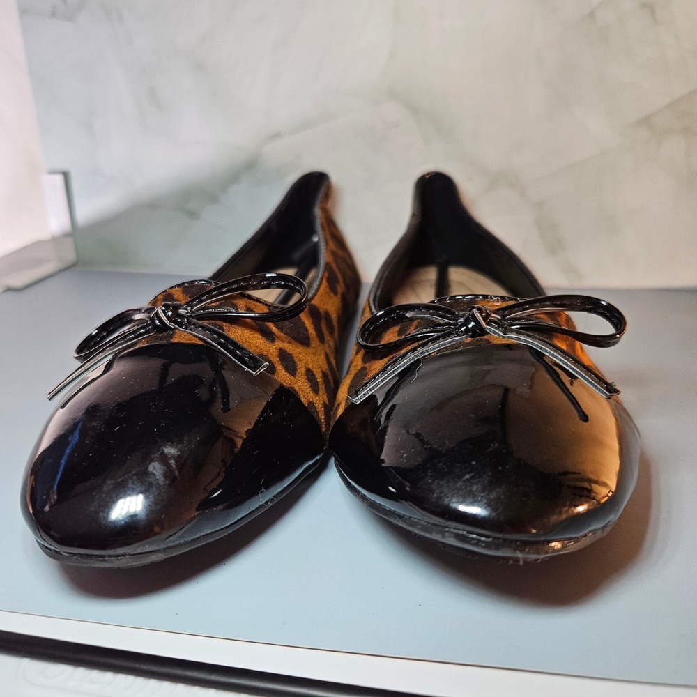 Samilor Leopard Print‎ Ballet Flats Black Cap Toe Bow Accent Size 8
